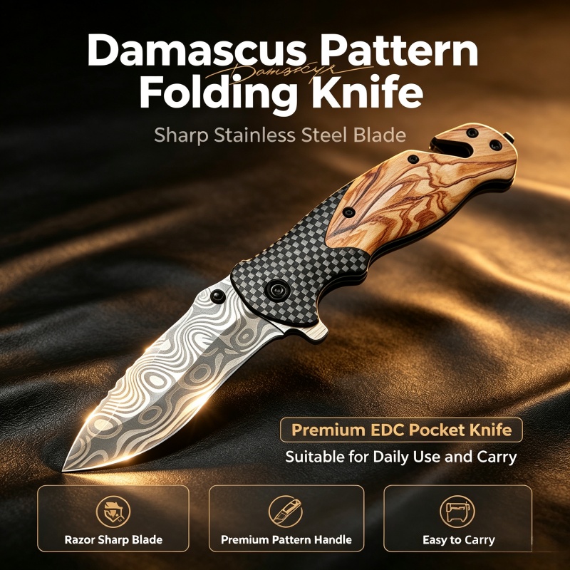 Edc Carry Pocket Knife - Şam Desenli Katlanır Bıçak Keskin Paslanmaz